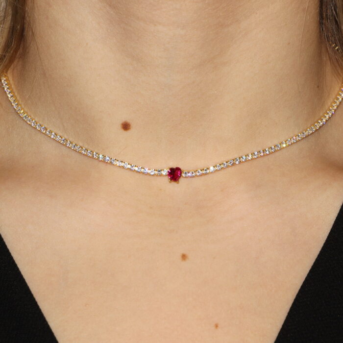 Girocollo tennis 925 placcato 18kt con cuore rosso centrale