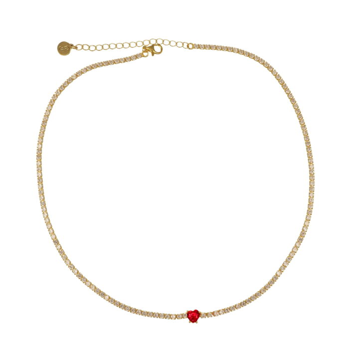 Girocollo tennis 925 placcato 18kt con cuore rosso centrale