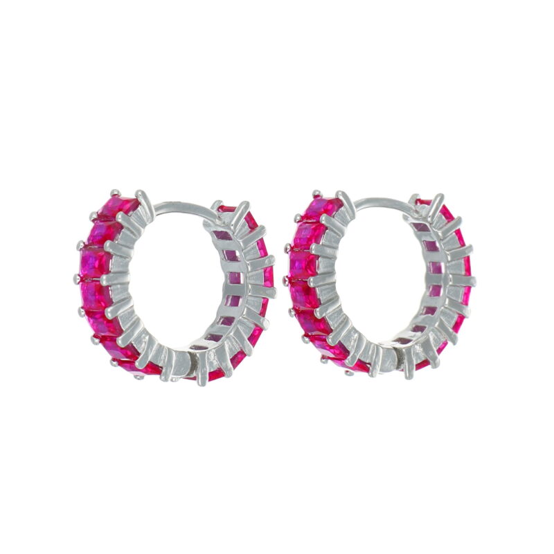 Orecchini in argento cerchietti con baguette fucsia