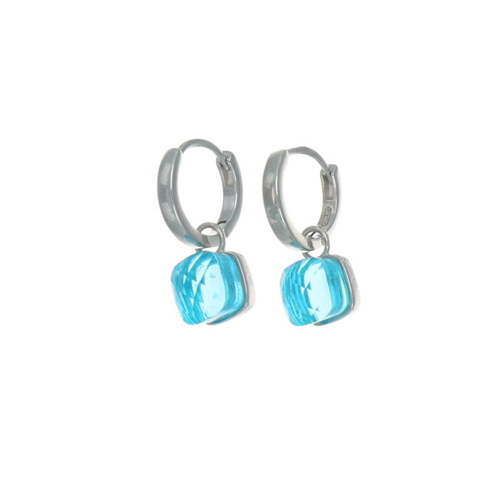 Orecchini in argento cerchietto con cubo acquamarina pendente