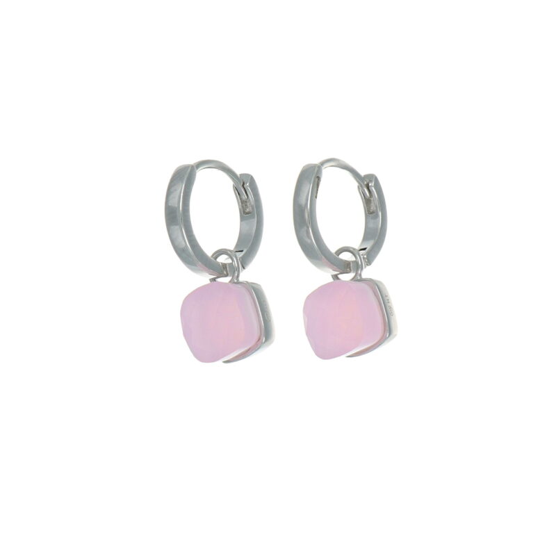 Orecchini in argento cerchietto con cubo rosa pendente